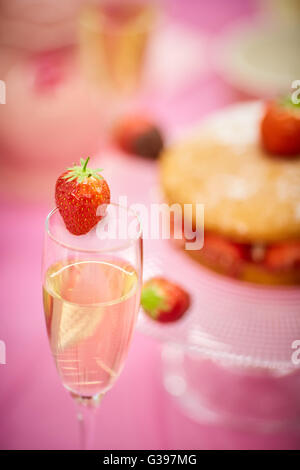 Vino di fragole al cioccolato torta immerso il tè del pomeriggio parte picnic frutta estiva rosa rosso spugna decorazione di vetro decorate cibo p Foto Stock