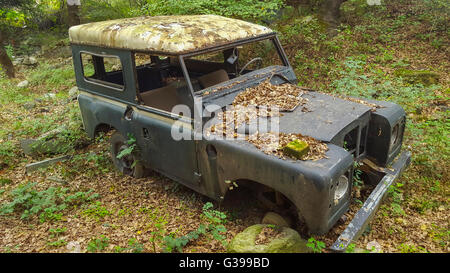 Vecchio arrugginito jeep nei boschi Foto Stock