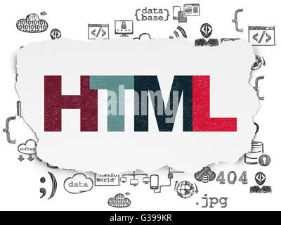 Il concetto di Software: Html sulla carta strappata sfondo Foto Stock
