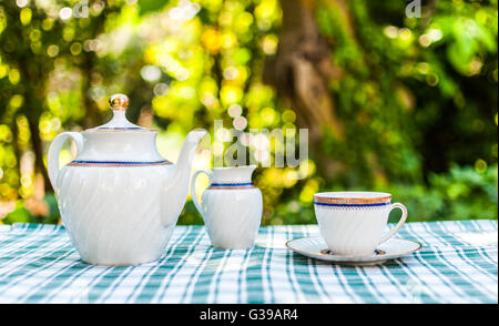 La prima colazione nel giardino con un set per il tè sul tavolo Foto Stock