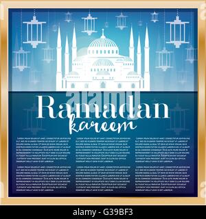 Il Ramadan Kareem greeting card modello con Moschea Bianca e copia di spazio. Illustrazione Vettoriale. Illustrazione Vettoriale
