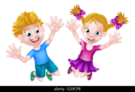 Cartoon giovane ragazzo e ragazza kids salti di gioia con le mani in aria Foto Stock