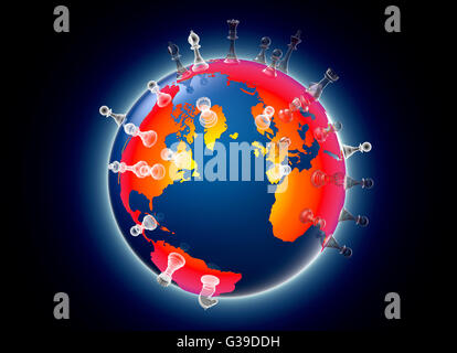 Simbolo della geopolitica del mondo globo con pezzi di scacchi Foto Stock