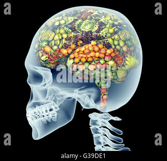 X-ray di testa umana con la frutta e la verdura per il cervello. Foto Stock