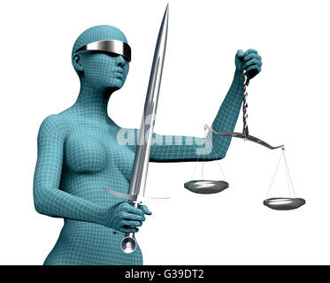 Calcolatore legale giudice concetto, signora giustizia isolato su bianco, 3D'illustrazione. Foto Stock