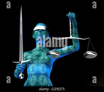 Calcolatore legale giudice concetto, signora giustizia isolati su nero, 3D'illustrazione. Foto Stock