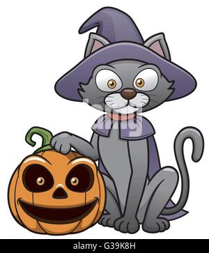 Vettore - illustrazione di gatto nero con zucca di Halloween Illustrazione Vettoriale