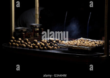 Istanbul, Turchia venditore ambulante di tostatura e la vendita di castagne da un mobile in stallo. Catturato nella notte. Foto Stock