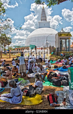 Pellegrini buddista seduti di fronte Ruvanwelisaya Stupa al tempio Anuradapura, Sri Lanka Foto Stock