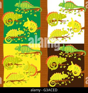 Set di seamless pattern con camaleonti sulla struttura ad albero Illustrazione Vettoriale