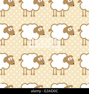 Modello senza cuciture con pecora su caldo sfondo tratteggiato. Illustrazione Vettoriale
