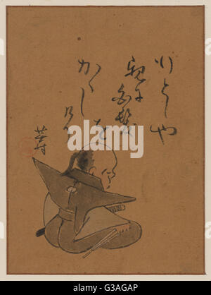 Un uomo o un monaco seduto, visto da dietro, tenendo un breve dagg Foto Stock