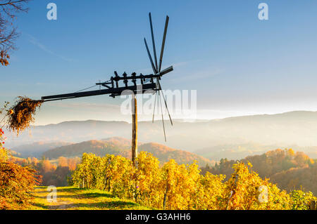 Tradizionale sloveno spaventapasseri eretto nei vigneti in autunno, klopotec Foto Stock