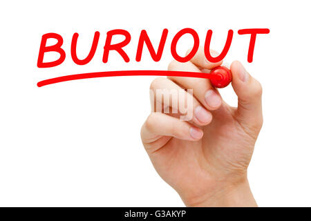 La scrittura a mano di Burnout con contrassegno rosso sulla cancellazione trasparente stampato. Foto Stock