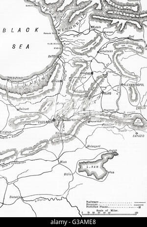 La guerra Russo-Turkish, 1877-78, mappa della sede di guerra in Armenia. Foto Stock