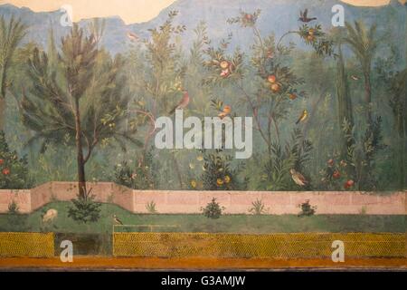 Il giardino dipinto della villa di Livia, 20-30 a.c. con uccelli e alberi di mele, Palazzo Massimo alle Terme e il Museo Nazionale di Roma, Foto Stock