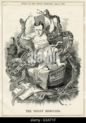 'L'infant HERCULES' Guglielmo Marconi (1874-1937), strangolando la twin serpenti di mare e il cavo di terra Telegraph con il suo nuovo telegrafo senza fili sistema. Marconi era un inventore italiano, noto per il suo lavoro pionieristico sulla lunga distanza di trasmissione radio Foto Stock
