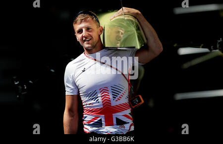 Team GB John Collins durante l annuncio del team presso il River and Rowing Museum, Henley on Thames. Foto Stock