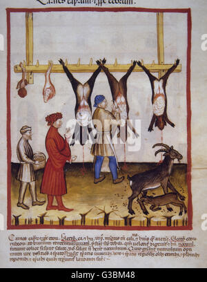 Tacuinum Sanitatis. Il XIV secolo. Manuale medievale di salute. Incontro di capra. Folio 73r. Foto Stock