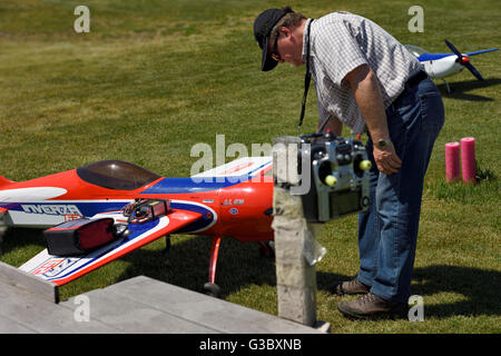 Hobbisti ricarica dei componenti elettronici su una radio controlled single prop motore a gas di aeromobili Foto Stock