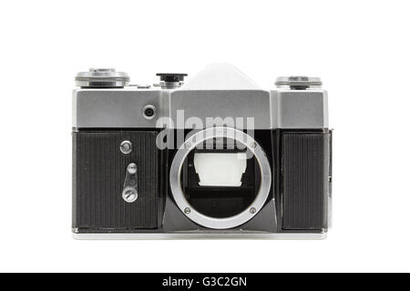 Vecchi Film telecamera senza obiettivo isolato su sfondo bianco Foto Stock