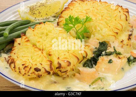 Un pesce torta di pesce contenenti boreale, salmone, cod, guarnita con purea di patate - studio shot Foto Stock