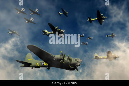 B-17 bombardieri,essendo scortato da P.51 Mustangs. Foto Stock