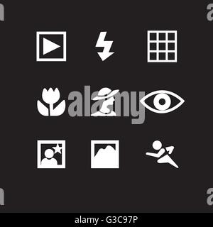 Set di icone di fotografia in sfondo nero Illustrazione Vettoriale
