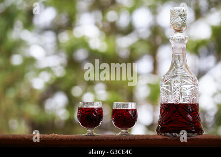 Decanter e wineglasses di vino rosso all'aperto Foto Stock