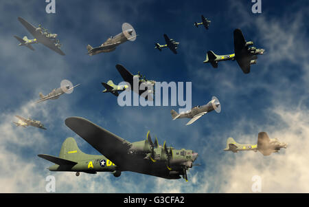 B-17 bombardieri,essendo scortato da P.51 Mustangs. Foto Stock