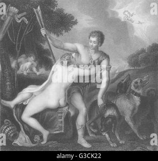 Venere e Adone: Titian (Tiziano) , antica stampa 1835 Foto Stock