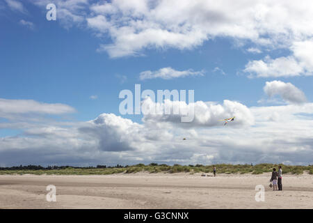 Scozia, Highlands, Nairn, People Walking on the Beach, impronte nella sabbia, Grass Area, Scottish Landscape, Beach, Blue Skies, Volo Kites Foto Stock