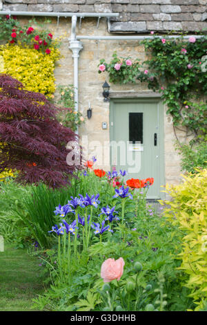 Xvii Secolo di pietra giardino cottage in Bibury in primavera. Cotswolds, Gloucestershire, Inghilterra Foto Stock