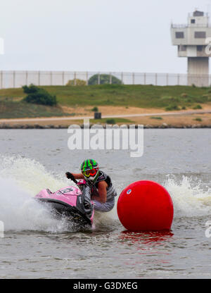 British Summer Jetski Championships Sporting Events , Round 3 Crosby Marine Lake, Lakeside Adventure marina Center; freestyler jetski - Jet Ski Ra Foto Stock