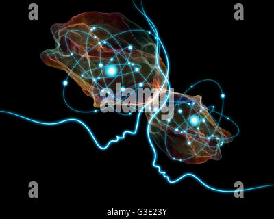 Mente atomica serie. Composizione di profili umani, Atom, elettroni e nucleo simboli adatti come sfondo per i progetti su Foto Stock