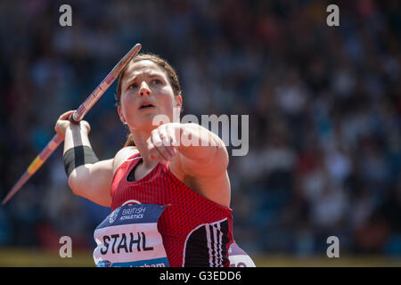 Diamond League Birmingham REGNO UNITO. 5 Giugno 2016. Atleta tedesco Linda Stahl compete nel giavellotto. Foto Stock