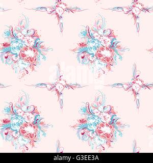 Piastrella senza soluzione di continuità in grado di texture floreali con rosa e blu bouquet di fiori e volute su sfondo bianco Illustrazione Vettoriale