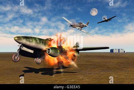 Un tedesco ME 262 jet fighter, essendo attaccato da American P51 Mustangs come terre. Foto Stock