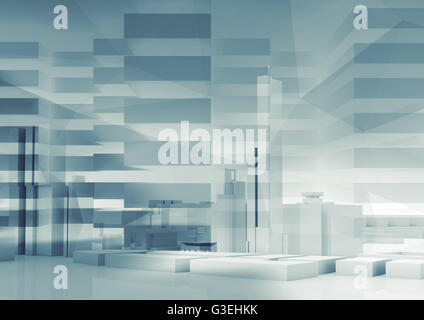 Abstract background contemporanea. Cityscape skyline, riflessioni e poligonali e strato di strutture. Nei toni del blu digitali 3D render Foto Stock