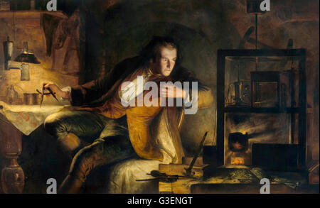 James Watt (1736-1819). Pittura intitolata 'James Watt e il motore di vapore: All'alba del XIX secolo' da James Eckford Lauder, olio su tela, 1855. Foto Stock