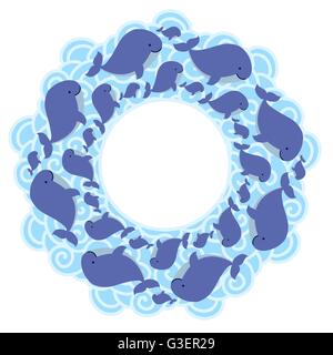 Modello di scheda con Cartoon carino whale shoal in onde. Illustrazione Vettoriale