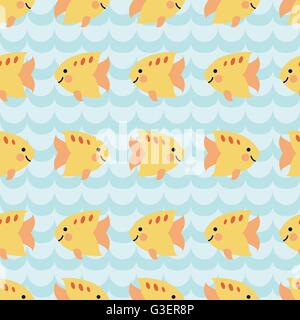 Seamless pattern con il gregge di Cartoon carino sorridente pesci. Illustrazione Vettoriale