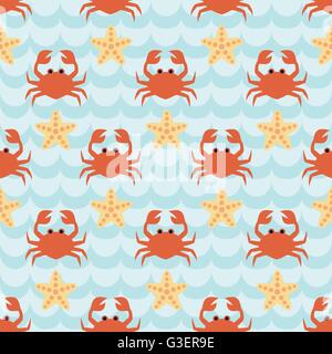 Seamless pattern con il gregge di Cartoon carino di granchi e starfishes Illustrazione Vettoriale