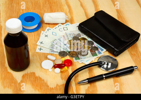 Medical pillole e uno stetoscopio in polacco di denaro come sfondo un simbolo di spese sanitarie Foto Stock