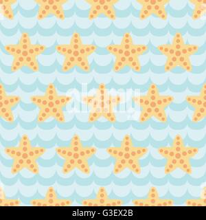 Modello senza cuciture con Cartoon carino starfishes sull onda blu sullo sfondo. Illustrazione Vettoriale