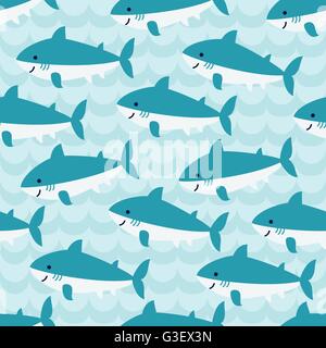 Seamless pattern con il gregge di Cartoon carino squali Illustrazione Vettoriale