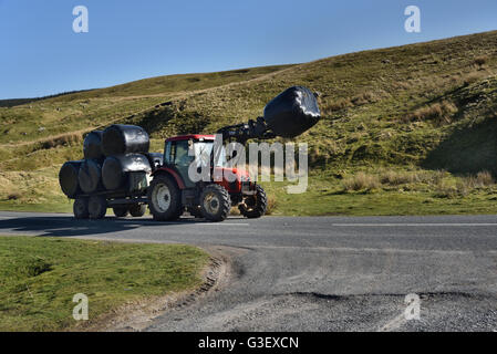 Il trattore e il rimorchio, con plastica nera balle avvolte, Yorkshire Dales National Park, Inghilterra, Regno Unito. Foto Stock