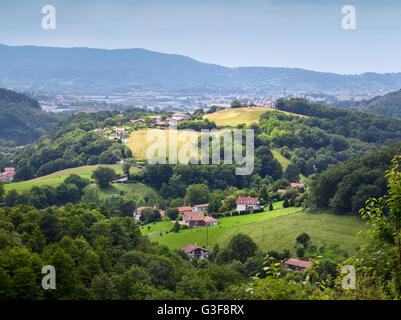 Campi e montagne dei Pirenei nel Pays Basque, Francia Foto Stock