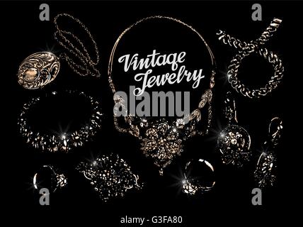 Gioielli. disegnati a mano bracciale, anelli, pendenti, collane, catena, spilla, orecchini. Illustrazione Vettoriale