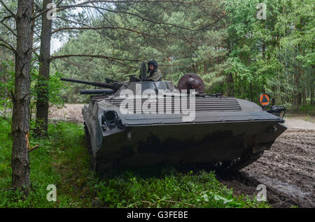 Un soldato polacco mantiene la posizione di guardia su un BWP-1 cingolato anfibio di combattimento della fanteria veicolo all esercizio Anakonda 16 giugno 9th, 2016 in Nowa Deba, Polonia. Truppe provenienti da 21 nazioni della NATO stanno prendendo parte a Anakonda 2016 esercita in Polonia, il più grande tale esercizio del dopo guerra fredda. Foto Stock